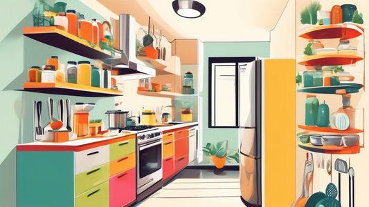 Create an image of a compact and organized kitchen space in a small apartment, showcasing various creative storage solutions such as hanging racks, magnetic spice jars, stackable shelves, and drawer organizers. The image should highlight how these so