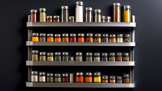 Create an image of a compact magnetic spice rack designed specifically for small kitchens. Show a sleek, space-saving design with strong magnetic strips to hold various spice jars securely in place on a fridge or wall. Include a range of colorful spi