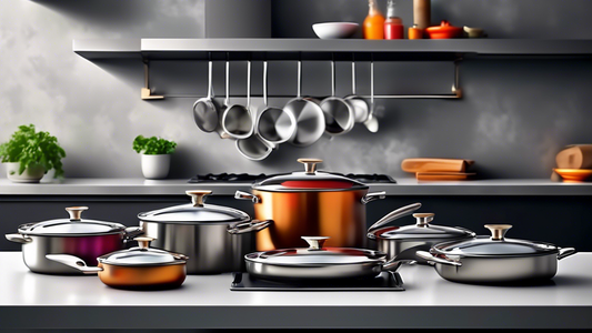 Create an image of a modern kitchen set-up featuring the top 10 durable stainless steel cookware sets, beautifully displayed on a sleek countertop with soft lighting and a stylish backdrop. Display a variety of pots, pans, and utensils showcasing the