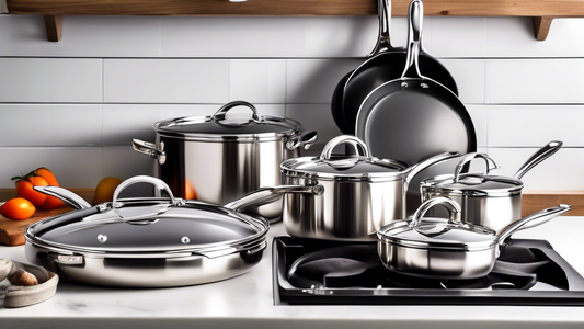 Create an image of an elegant and modern stainless steel cookware set comprising various pots and pans, with sleek design and mirror-finish surfaces, all neatly arranged on a kitchen counter. Include a label highlighting a Warranty Included badge to 