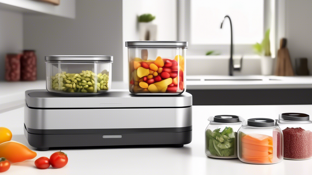 Create an image of a modern, sleek kitchen countertop with a compact and efficient vacuum sealer sitting prominently in the corner, surrounded by neatly organized jars and containers of food. The vacuum sealer should convey a sense of space-saving de