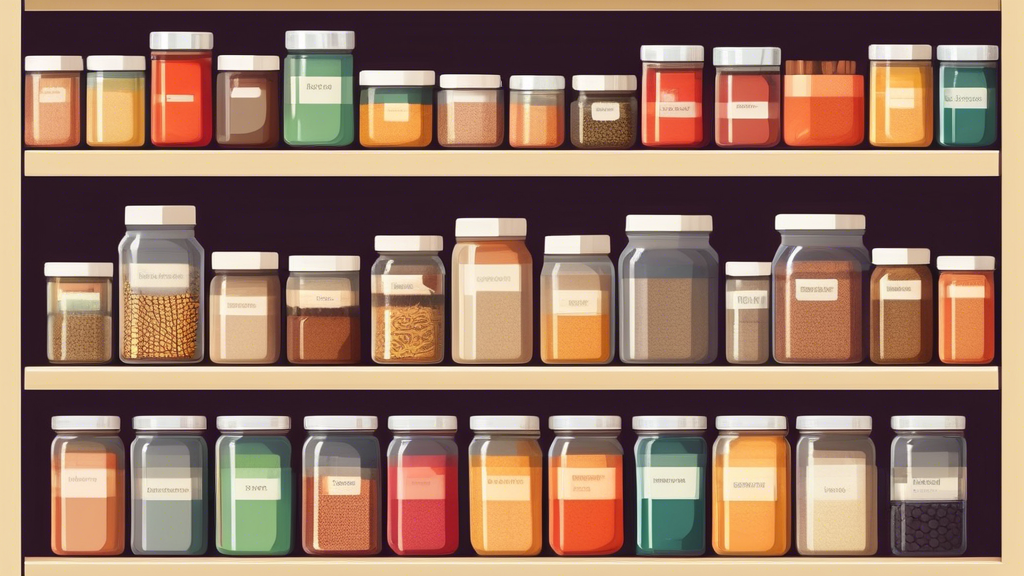 Create an image of a well-organized pantry filled with neatly stacked cans, jars, and containers, along with labeled shelves for various food items like spices, grains, and snacks..Include labels and clear containers for easy identification and quick