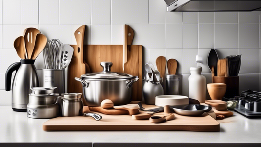 Create an image of a well-organized kitchen countertop showcasing a collection of essential kitchen gadgets for daily cooking tasks. Include items such as a chef's knife, cutting board, measuring cups and spoons, various utensils, a blender, a toaste