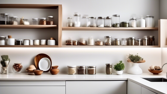 Please generate an image of a modern kitchen with sleek white countertops. The focus of the image should be on a stylish tiered corner shelf organizer, showcasing five different levels neatly displaying various kitchen items such as jars, spices, ute