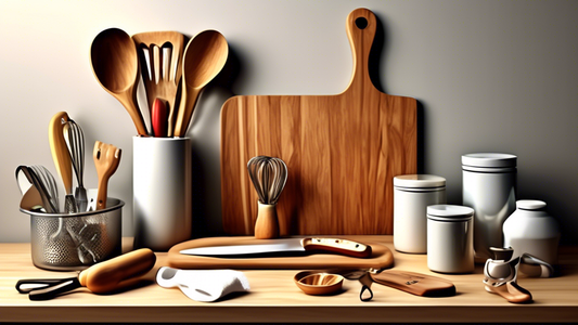Create an image of a well-organized kitchen counter with essential kitchen accessories for home cooks, such as a knife block, cutting board, measuring cups and spoons, kitchen timer, whisk, spatula, and kitchen towels. The image should showcase the p