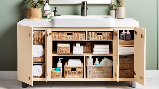 Create an image of a well-organized bathroom cabinet with clever under-sink storage solutions, showcasing a variety of baskets, shelves, and containers to inspire readers to declutter and maximize space in their own bathrooms.