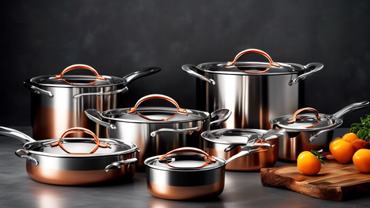 Create an image of a sleek and modern stainless steel cookware set with copper-bottom bases, showcasing the perfect marriage of functionality and elegance in the kitchen.