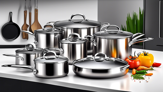 Create an image of a modern kitchen setup showcasing the top 7 stainless steel cookware sets for home chefs, each set neatly arranged with their respective pots and pans, highlighting their sleek design and durable construction. The image should conv
