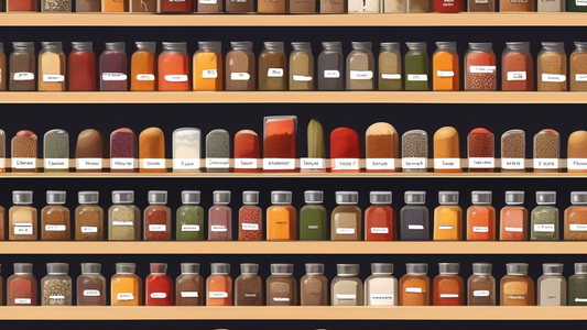 Create an image of a kitchen spice rack perfectly organized with labeled spices, neatly arranged for easy access and quick cooking.