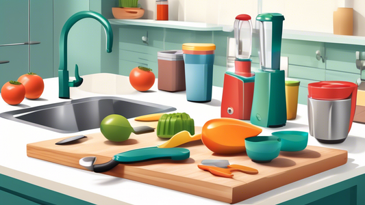 Create an image of a well-organized kitchen with the essential tools for busy moms, such as a cutting board, knife set, measuring cups, spatula, blender, and mixing bowls. The scene should convey a sense of efficiency and convenience, with the tools 