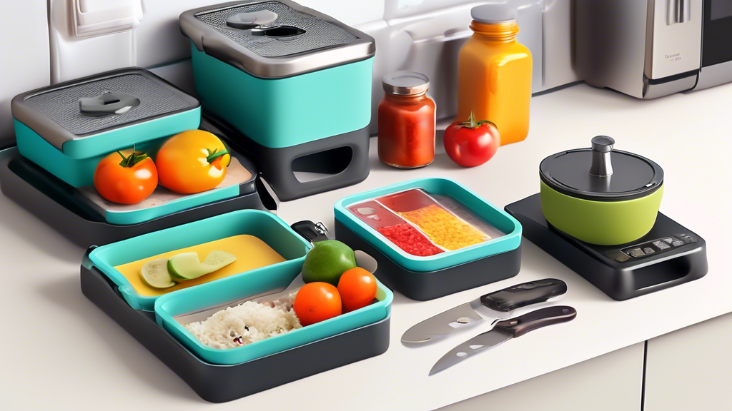 Create an image of a compact kitchen counter with various smart meal prep tools neatly organized in a small space. Include items like a collapsible colander, stackable food containers, a mini food processor, and a magnetic knife strip for efficient m