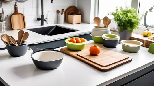 Create an image of a compact, efficient kitchen setup in a small space with space-saving kitchenware such as foldable cutting boards, nested mixing bowls, collapsible measuring cups, and stackable pots and pans. Show how these innovative kitchen tool