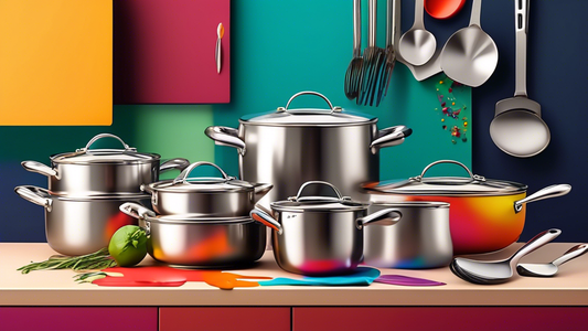 Create an image of a diverse set of budget-friendly stainless steel cookware sets arranged on a colorful kitchen countertop, with various utensils and ingredients in the background. The cookware should appear sleek, modern, and of high quality, entic
