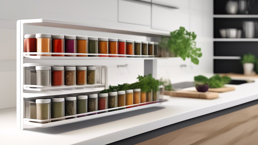 Create an image of a sleek and compact spice rack designed for a minimalist kitchen, featuring five tiers of stackable shelves in a modern and space-saving design. Each tier should be neatly organized with various herbs and spices in uniform containe