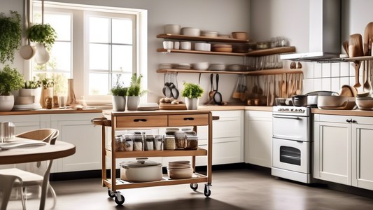 Create an image of a stylish and practical kitchen setup featuring a rolling cart storage solution. The image should showcase a well-organized kitchen with a sleek rolling cart filled with kitchen essentials like cookware, utensils, and jars. The car