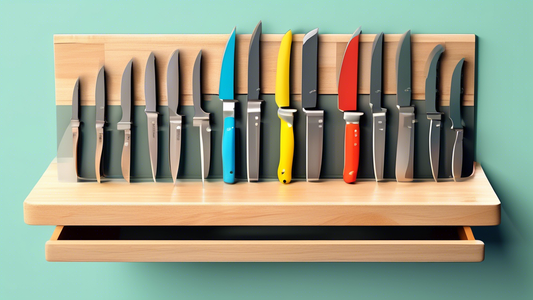 Create an image of a well-organized kitchen drawer or knife block with various safe knife storage options such as magnetic strips, knife blocks, in-drawer knife organizers. The image should showcase the different ways knives can be safely stored to p