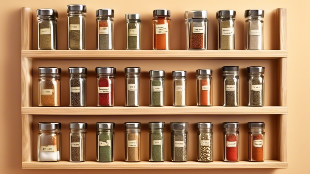 Create an image of a beautifully organized spice rack with various must-have kitchen tools for spice organization, such as spice jars, labels, a rotating spice rack, and a magnetic spice organizer. The image should showcase the tools in a visually ap