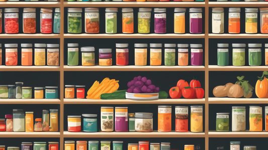 Create an image of a well-organized pantry filled with neatly stacked rows of various canned goods, with labels facing forward and grouped by category (ex. soups, vegetables, fruits). Include additional storage solutions such as wire racks, turntable