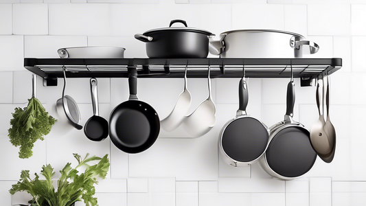 Create an image of a modern, sleek wall-mounted pot rack designed to maximize space in a compact kitchen. The pot rack should be both functional and stylish, featuring a minimalist design with efficient hooks and shelves for hanging and storing pots 