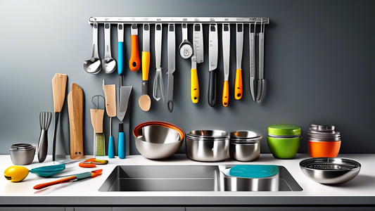 Create an image of a sleek and organized kitchen countertop filled with the top 10 collapsible stainless steel measuring tools. Each tool should be neatly arranged and easily visible, showcasing their modern design and functionality. The image should