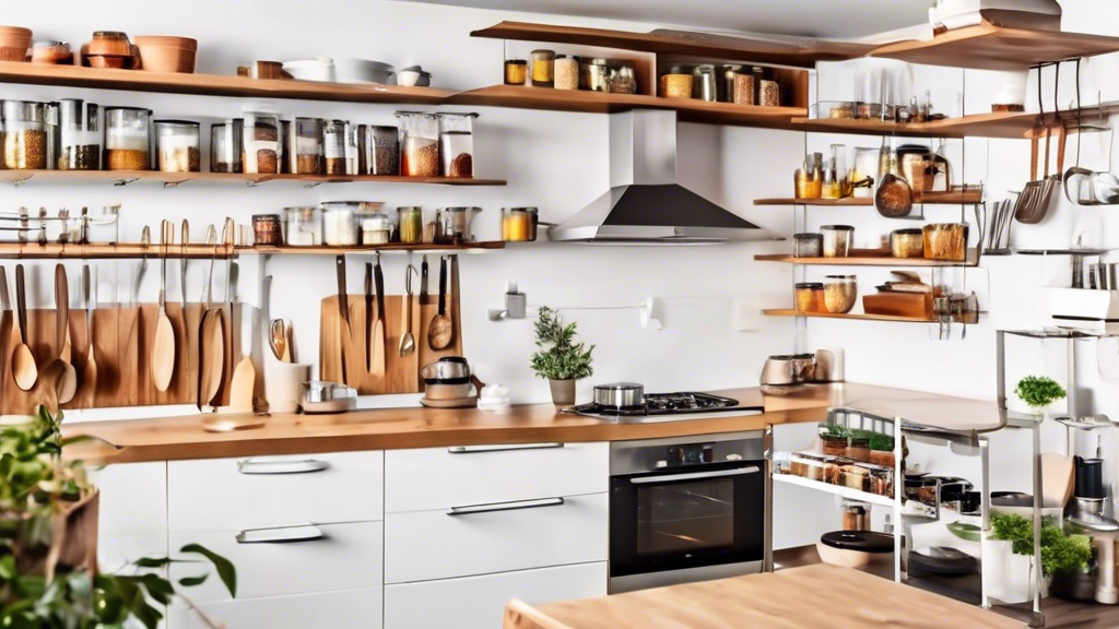 Create an image of a modern and organized kitchen with innovative storage solutions such as pull-out pantry shelves, overhead pot racks, magnetic spice racks, and drawer dividers for utensils and cutlery. The kitchen should look spacious, tidy, and e