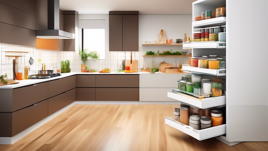 Create an image of a modern, organized kitchen with innovative storage solutions such as hidden drawers, pull-out pantry shelves, and vertical storage racks. Show how these clever storage solutions can help maximize space and declutter the kitchen, m