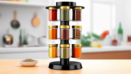 Create an image of a rotating spice carousel designed for organizing and storing various spices in a small kitchen setting. The carousel should showcase a variety of colorful spice bottles and jars neatly arranged for easy access and space-saving fun