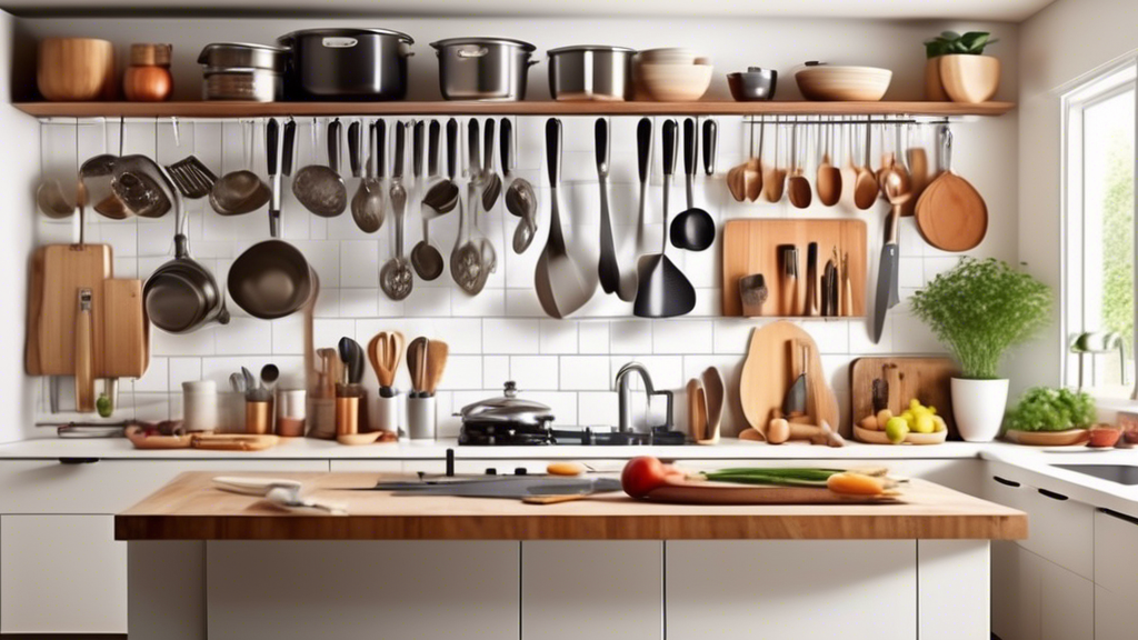 Create an image of a well-organized kitchen with essential tools and gadgets for passionate cooks. Show a sleek, modern kitchen space with items like sharp knives, cutting boards, a variety of cooking utensils, pots and pans, measuring cups, and othe