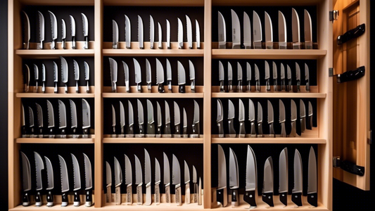 Create an image of a neatly organized and labeled knife storage system for a cooking class, showcasing a variety of knives such as chef's knives, paring knives, and serrated knives. The image should feature a designated area for each type of knife wi