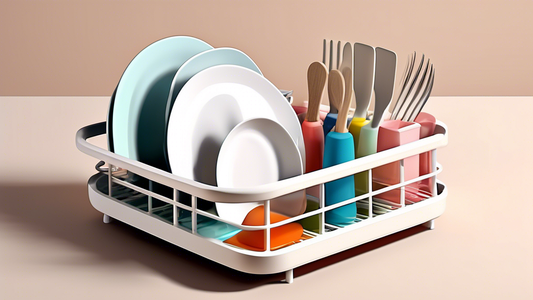 Create an image of a compact dish drying rack that includes integrated storage compartments for utensils and dish soap. The design should be space-saving and stylish, suitable for small kitchens. The rack should feature a modern and minimalist aesthe
