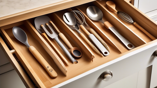 Create an image of a beautifully organized kitchen drawer filled with bamboo utensil dividers, showcasing a variety of neatly arranged kitchen utensils such as spatulas, ladles, whisks, and tongs. The dividers should be made of a light-colored bamboo