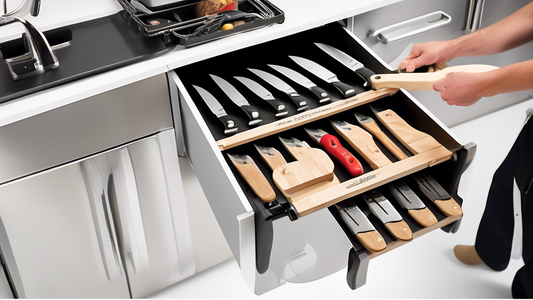 Create an image of a well-organized and efficient knife storage solution designed specifically for left-handed cooks. Include a variety of knife sizes and types displayed in a convenient and easy-to-reach manner, with clear labeling and space-saving 