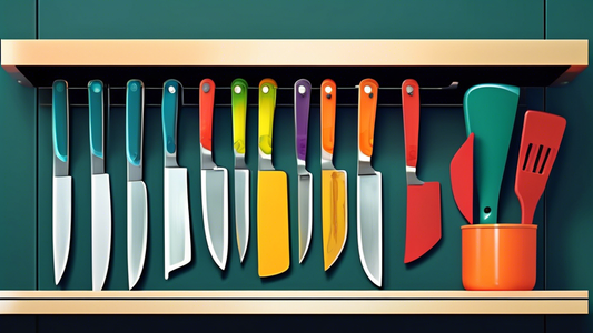 Create an image of a modern kitchen with sleek under cabinet knife storage racks, neatly organizing a variety of knives and utensils, showcasing a space-saving solution for efficient kitchen organization.