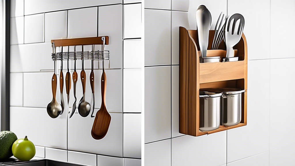 Create an image of a modern, space-saving hanging utensil holder designed specifically for small and compact kitchens. The utensil holder should be sleek and efficient, showcasing its ability to neatly store various kitchen utensils such as spatulas,