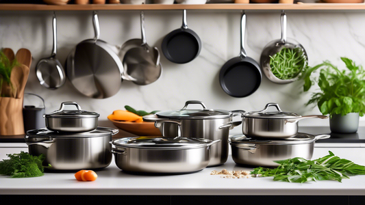Create an image of a beautifully arranged kitchen countertop featuring a variety of eco-friendly stainless steel cookware sets. Each set should showcase different sizes and types of pots and pans, showcasing their sleek design and sustainable materia