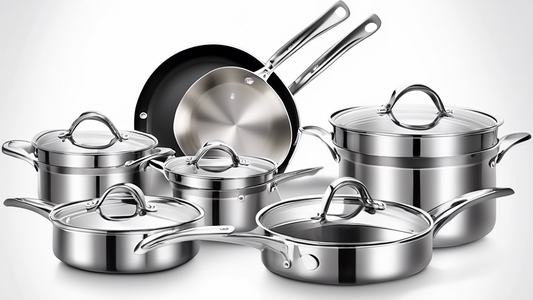Create an image of a stylish and modern stainless steel cookware set designed for compact kitchens. The set should include a variety of pots and pans, each with sleek handles and a space-saving design. The image should showcase the versatility and pr