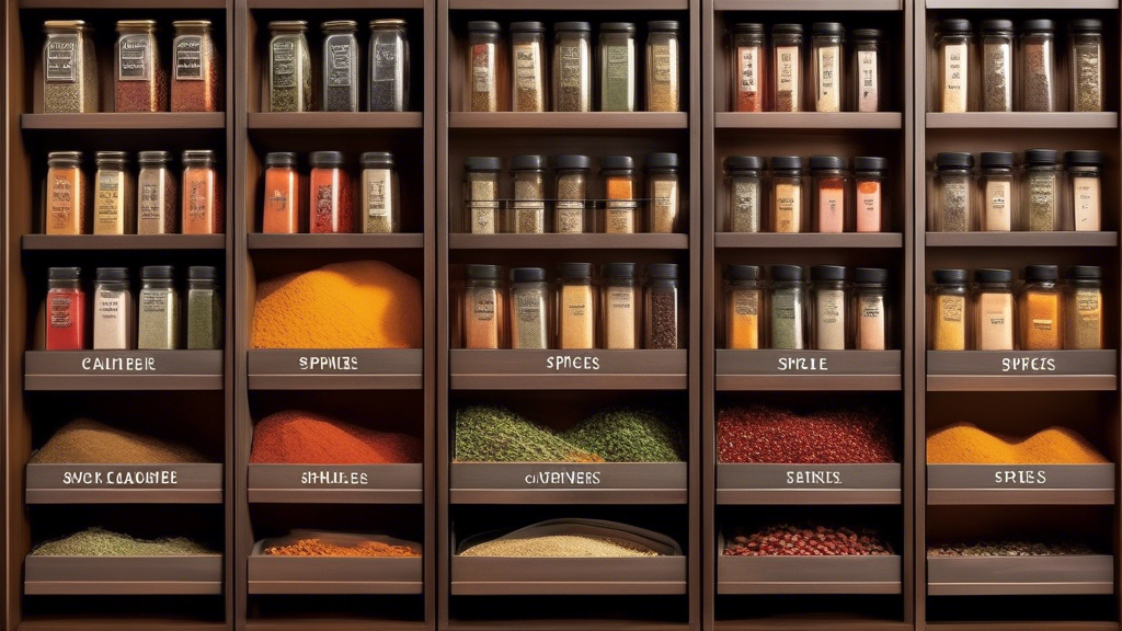 Create an image of a well-organized pull-out cabinet filled with neatly arranged spices, each labeled and easily accessible. Showcase the convenience, efficiency, and aesthetics of having spices organized in a pull-out cabinet.