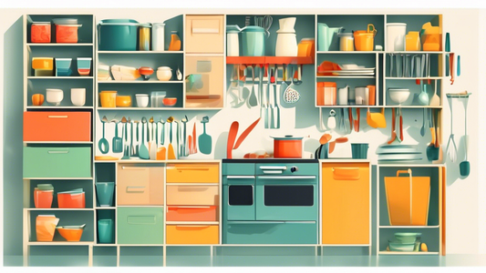 Create an image of a small, but efficiently organized kitchen space, showcasing the use of various organizational tools such as hanging racks, shelf inserts, labeled containers, and drawer dividers. The image should highlight how these tools help max