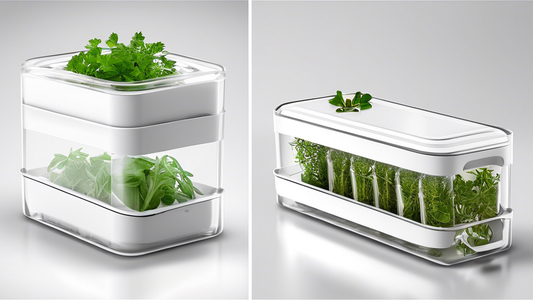 Create an image of a sleek and modern herb keeper designed specifically for storing and preserving herbs in the refrigerator. The herb keeper should be transparent with a removable tray to easily access and store different herbs. It should have adjus