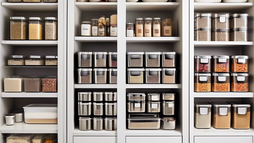 Create an image of a sleek and organized pantry filled with top stackable stainless steel containers. The containers should be neatly stacked on shelves, showcasing a variety of sizes and shapes to store different pantry essentials such as rice, past