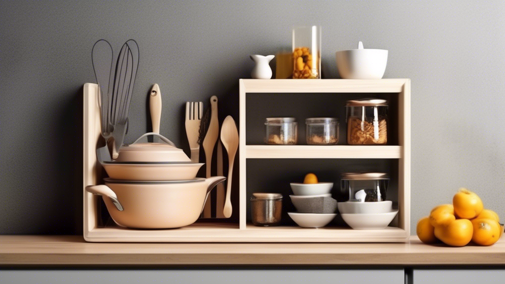 Create an image of a small kitchen corner with a unique and stylish shelving unit designed to optimize space for storing various kitchen items such as jars, utensils, and small appliances. The shelf should be both aesthetically pleasing and practical