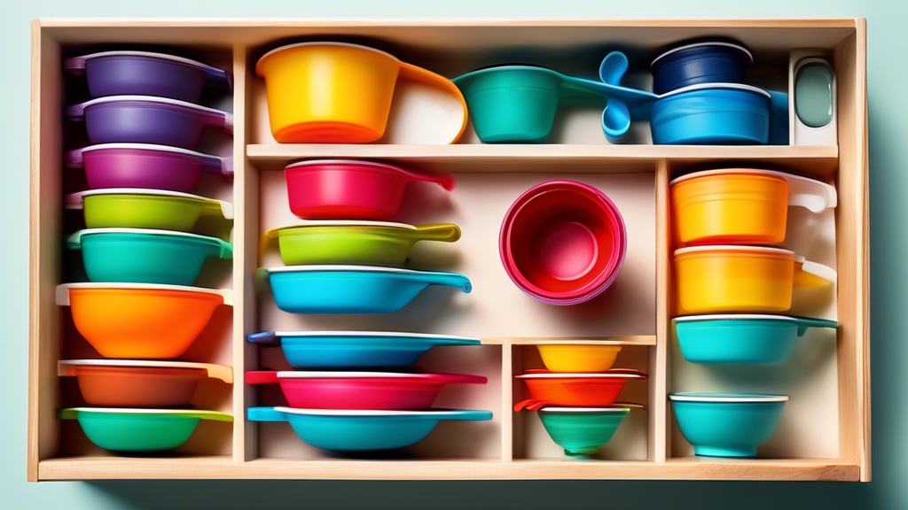 Create an image of a beautifully organized kitchen drawer filled with the top 10 collapsible measuring cups laid out neatly, showcasing their different sizes and vibrant colors. The measuring cups should be easily accessible and organized in a visual