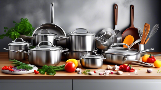 Create an image of an elegant kitchen setting featuring a variety of stainless steel cookware sets neatly arranged on a countertop, with vibrant fresh ingredients and cooking utensils scattered around. The cookware should exude a sense of sophisticat