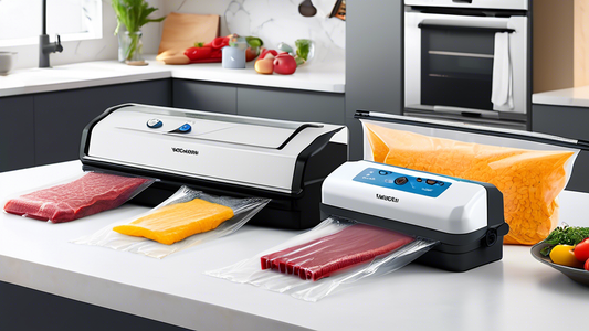 An image of various vacuum sealers lined up on a kitchen counter, each with different features and designs, showcasing a variety of options for choosing the best vacuum sealer for food freshness.
