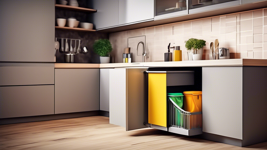 Create an image of a modern kitchen with sleek cabinets and countertops, featuring a slide-out trash can cabinet organizer that efficiently maximizes the space and keeps the kitchen clutter-free. The organizer should be stylish, functional, and seaml