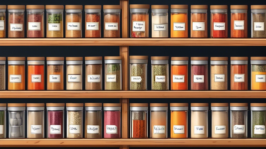 Create an image of a custom-designed pantry filled with various stackable spice racks, showcasing a tidy and organized storage solution for spices and seasonings. Each stackable rack is neatly arranged with labeled spice containers, presenting a prac