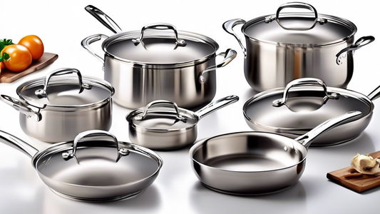 Create an image of a luxurious kitchen with a sleek and modern stainless steel cookware set displayed on an elegant countertop. The cookware set should include pots, pans, and utensils, all shimmering and ready to be used by a professional chef. The 