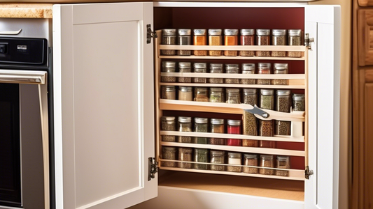 Create an image of a compact and clever spice storage solution for an RV kitchen that maximizes space utilization and keeps spices organized and easily accessible. Potential ideas could include magnetic spice jars attached to the underside of a cabin