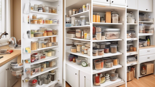 Create an image of a cluttered kitchen with overflowing cabinets and drawers, and showcase the transformation after using vacuum-sealed bags to maximize storage space. The before image should show disorganized shelves and counters filled with pots, p