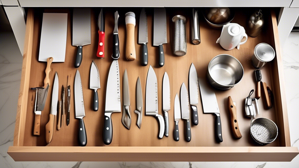 Create an image of a small, cluttered kitchen filled with various kitchen tools and utensils. Show a frustrated cooking student trying to organize their knife collection, with scattered knives of different sizes and types on the countertop. Implement